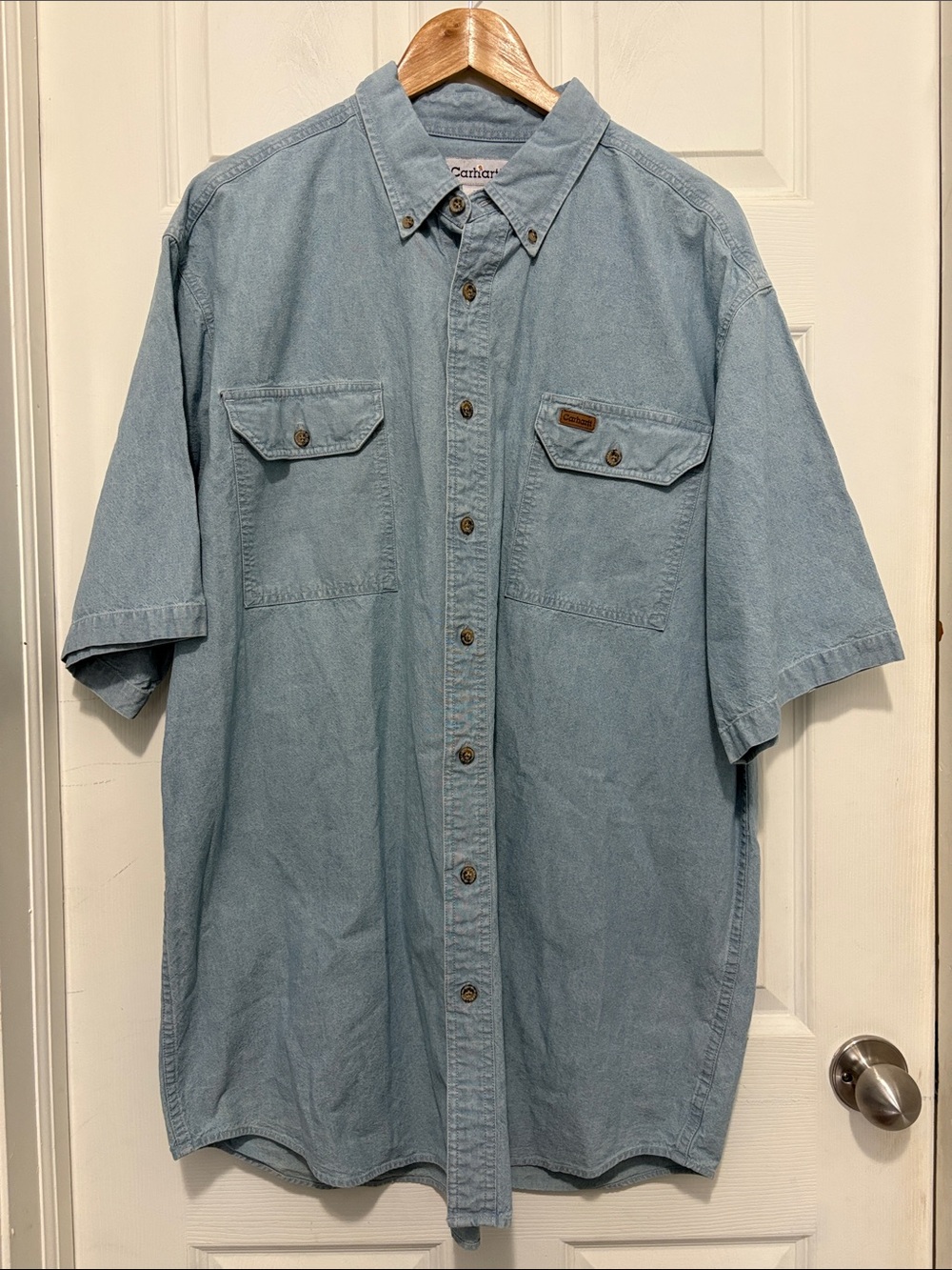 Vintage Carhartt Men’s Light Wash Short-Sleeve Denim Button Down